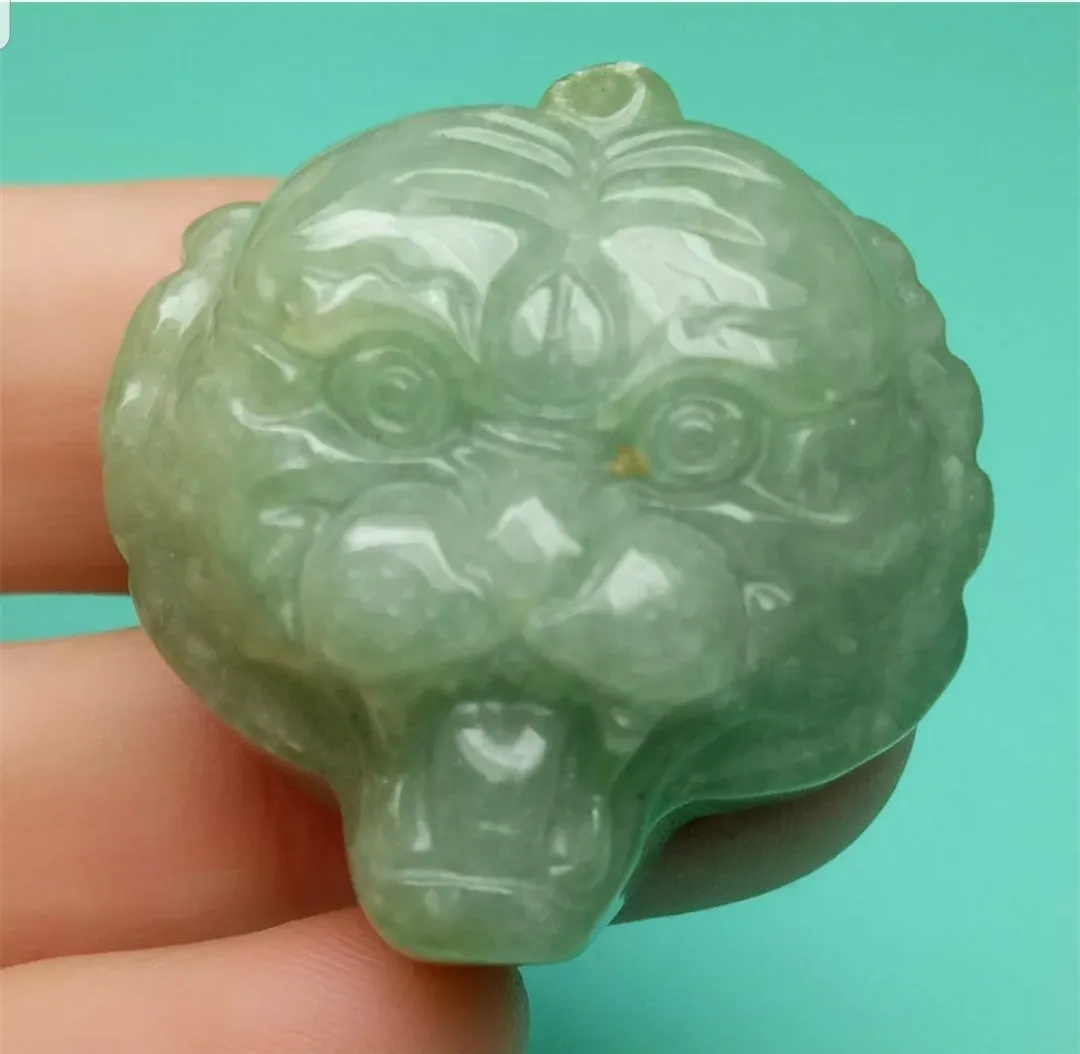 10% OFF- Certified Natural Jadeite Emerald A*Jade HandCarved Lucky Tiger Head Pendant A7355