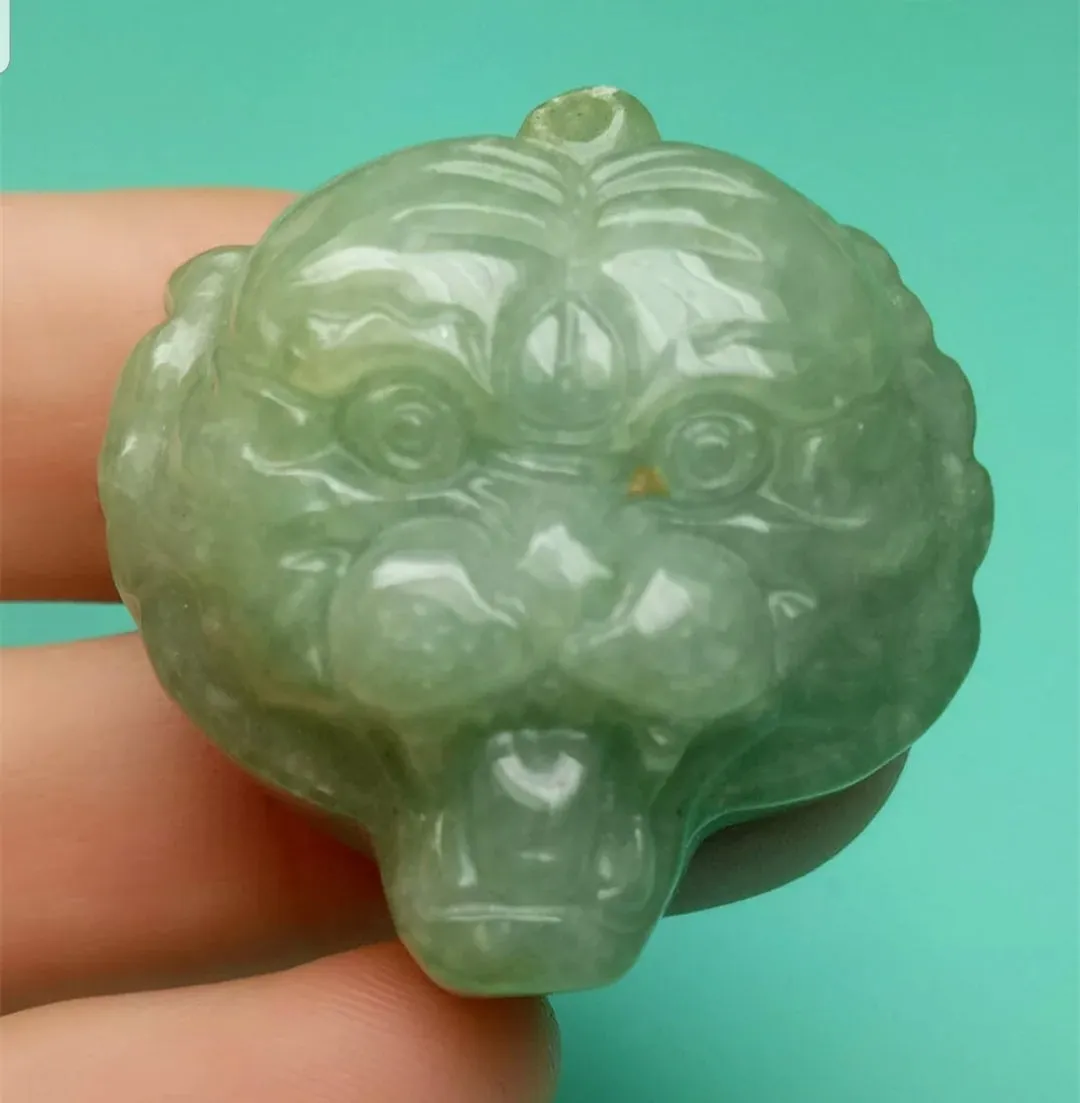 10% OFF- Certified Natural Jadeite Emerald A*Jade HandCarved Lucky Tiger Head Pendant A7355