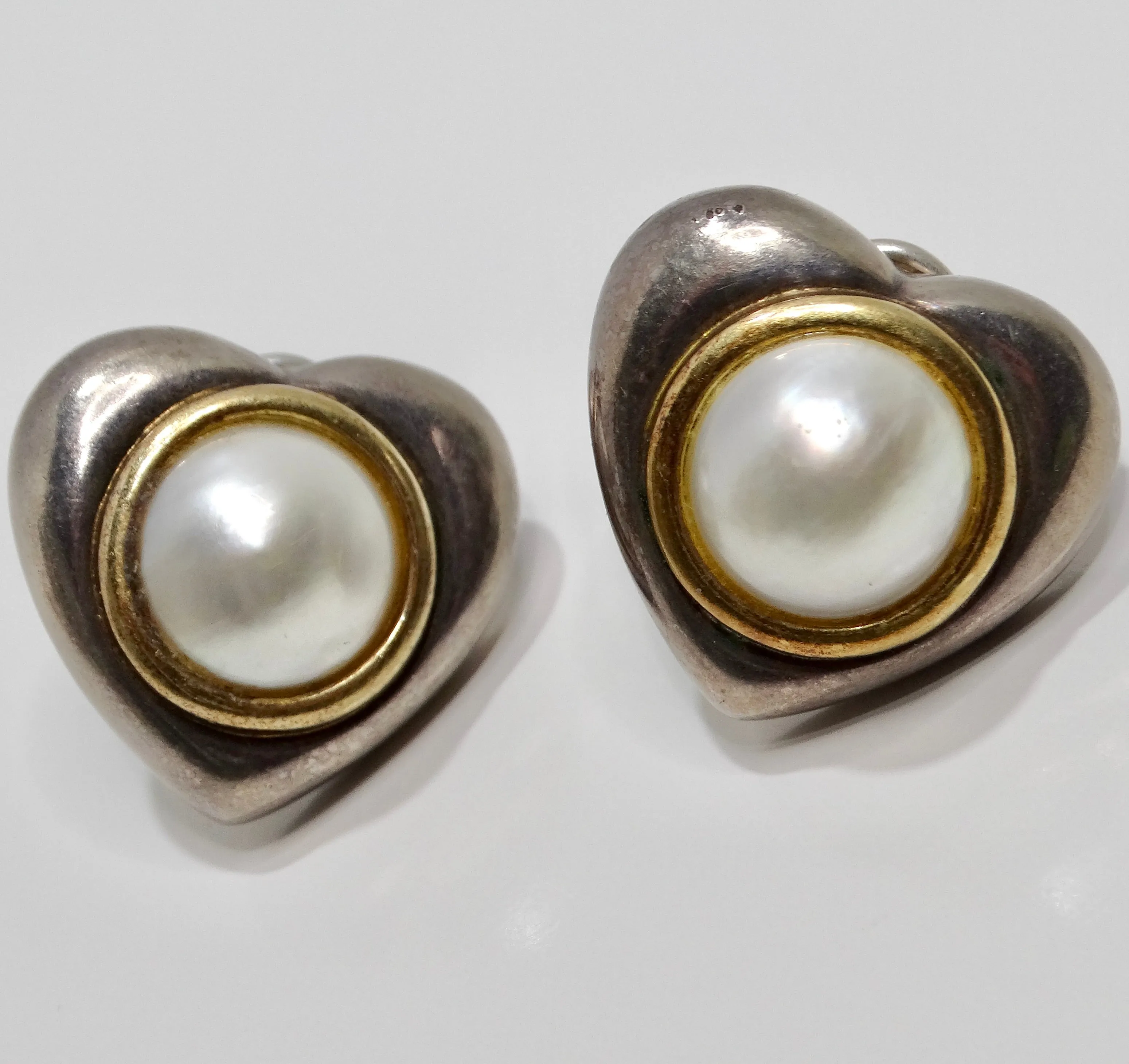 18K Gold Silver Pearl 1960s Heart Earrings