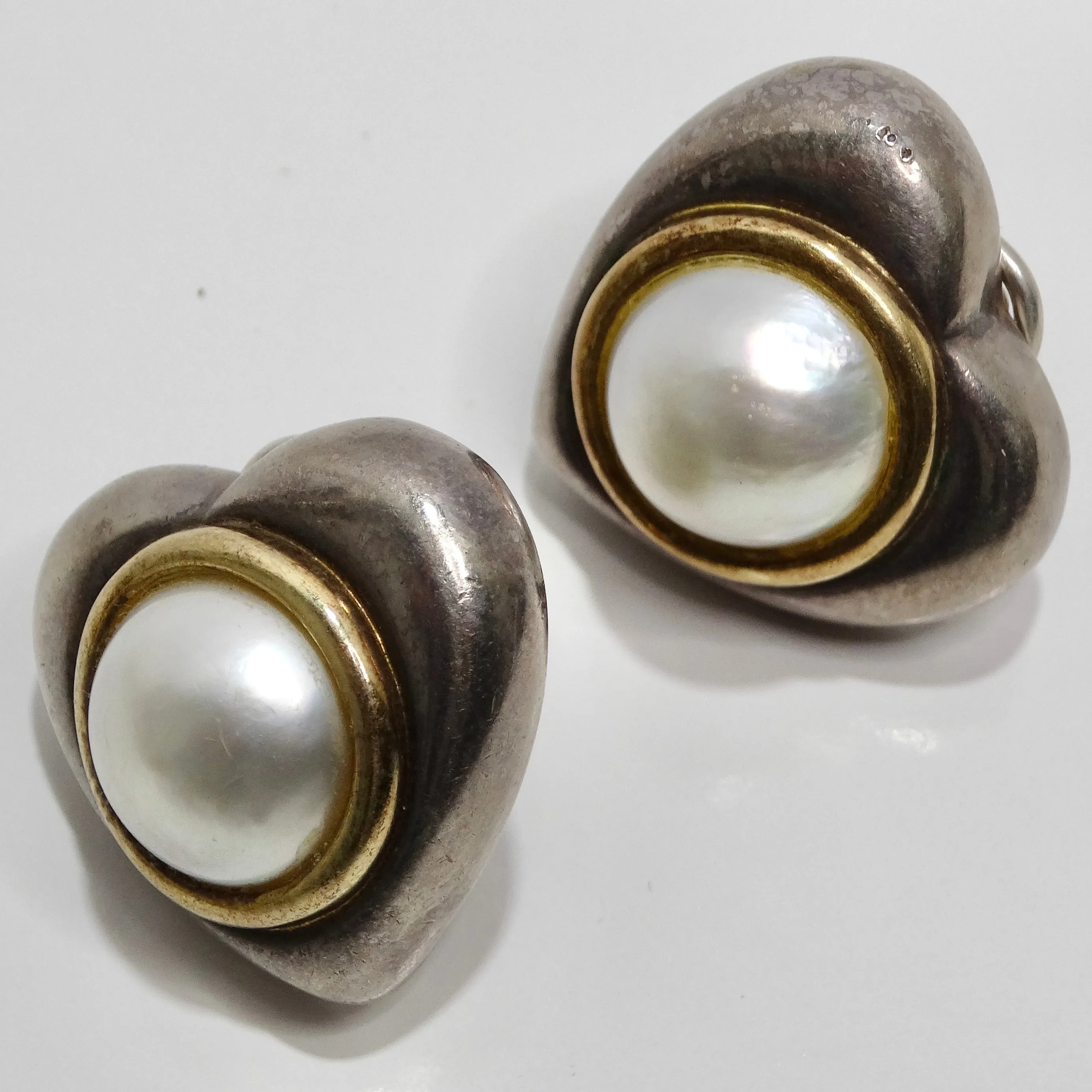 18K Gold Silver Pearl 1960s Heart Earrings