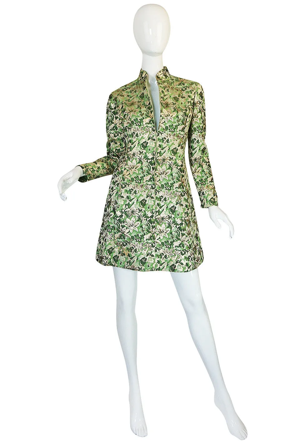 1960s Ceil Chapman Green Metallic Silk Brocade Mini Dress
