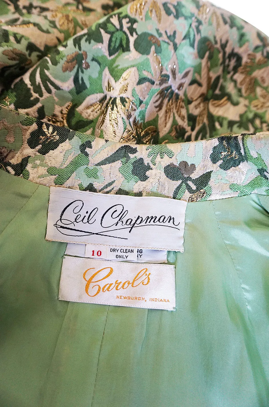 1960s Ceil Chapman Green Metallic Silk Brocade Mini Dress