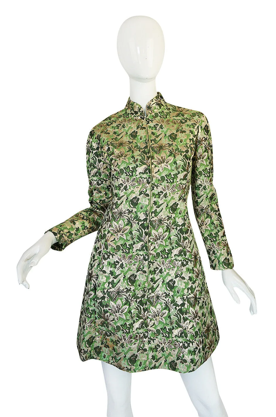 1960s Ceil Chapman Green Metallic Silk Brocade Mini Dress