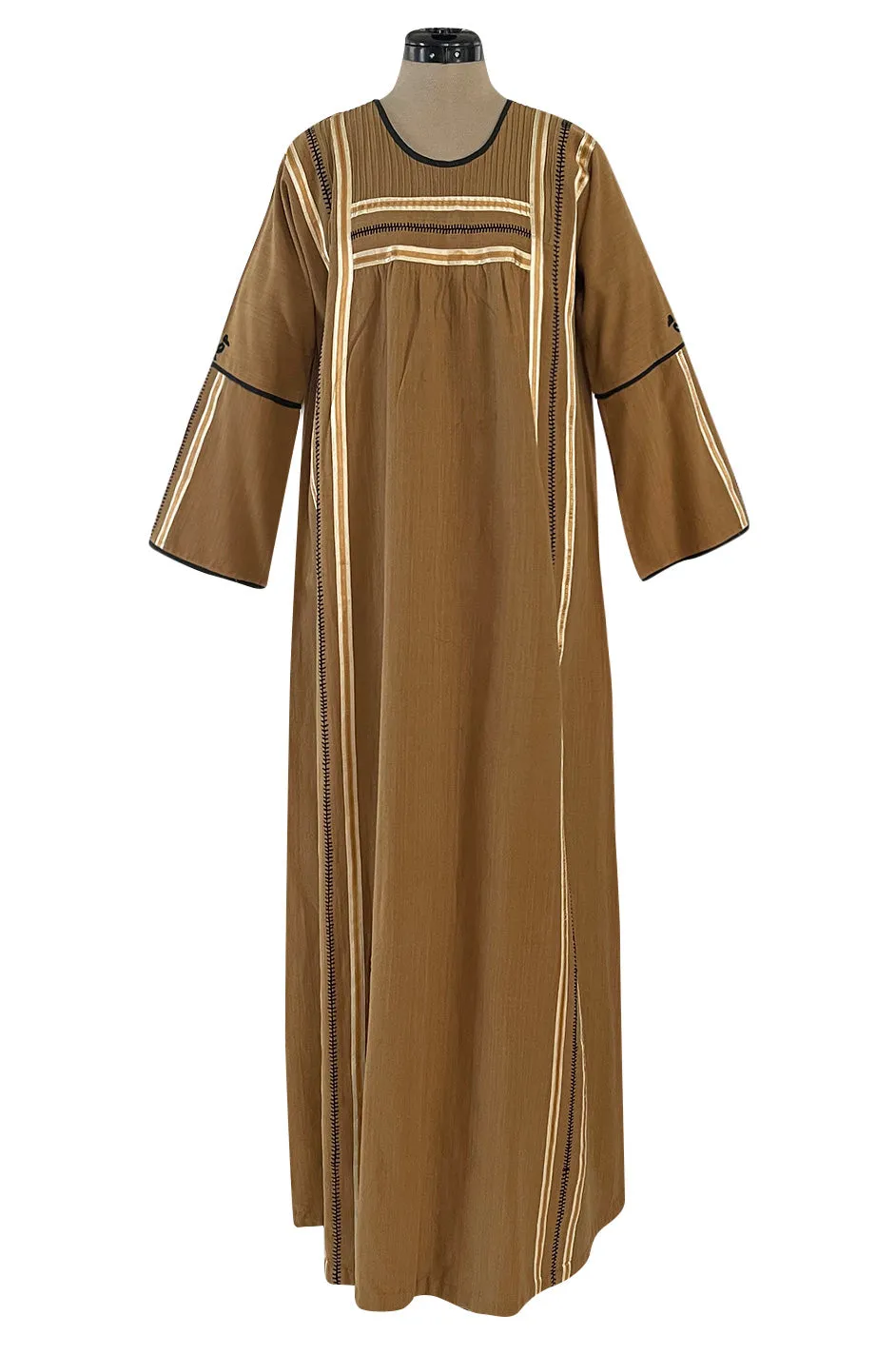 1960s Josefa Hand Embroidered w Brown Ribbon Detailing & Bird Motif Caftan Dress
