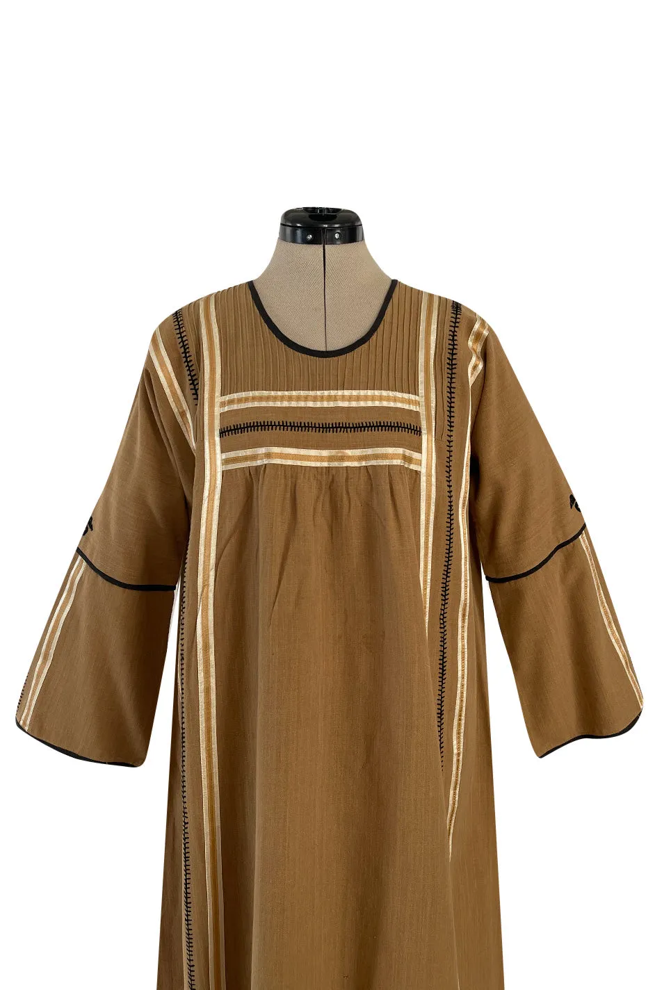 1960s Josefa Hand Embroidered w Brown Ribbon Detailing & Bird Motif Caftan Dress