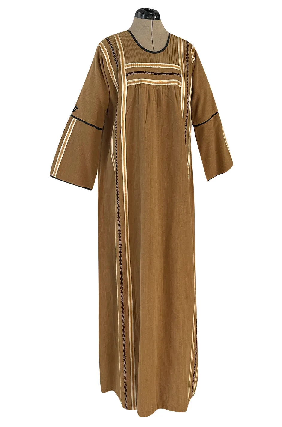 1960s Josefa Hand Embroidered w Brown Ribbon Detailing & Bird Motif Caftan Dress