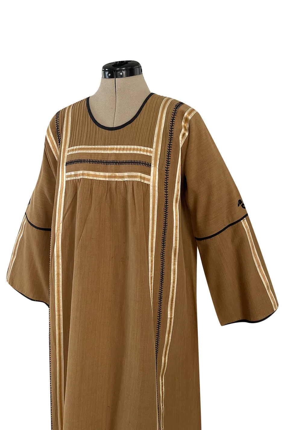 1960s Josefa Hand Embroidered w Brown Ribbon Detailing & Bird Motif Caftan Dress