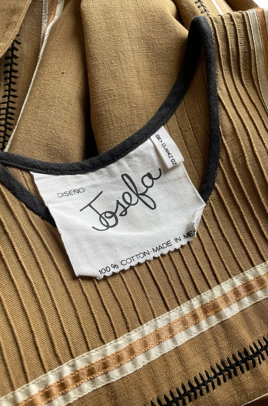 1960s Josefa Hand Embroidered w Brown Ribbon Detailing & Bird Motif Caftan Dress