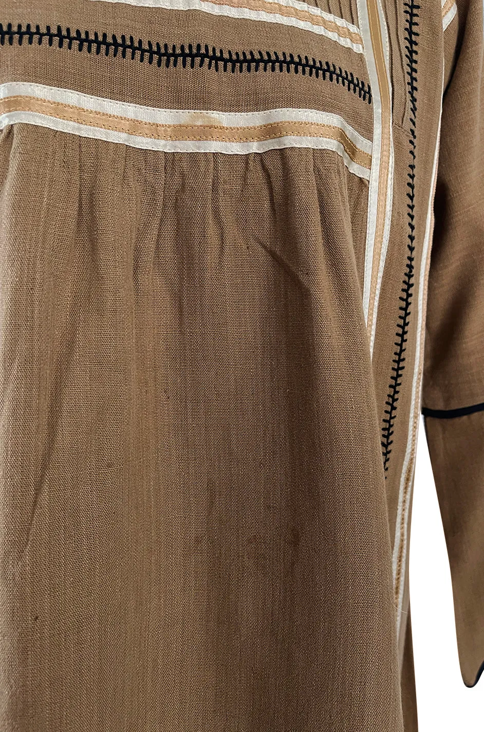 1960s Josefa Hand Embroidered w Brown Ribbon Detailing & Bird Motif Caftan Dress