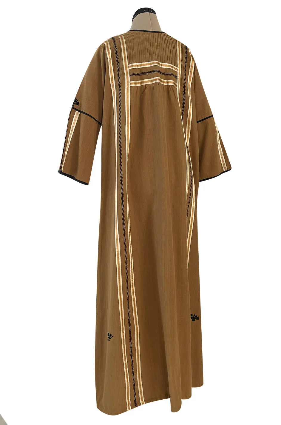 1960s Josefa Hand Embroidered w Brown Ribbon Detailing & Bird Motif Caftan Dress