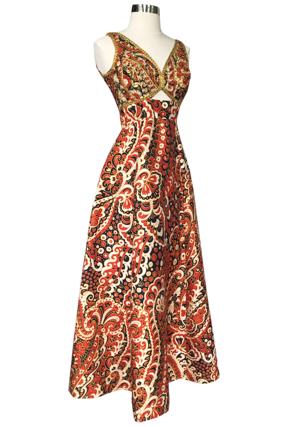 1968 Malcolm Starr Ad Campaign Silk Dress w Front Cut Out, Sequins & Beads