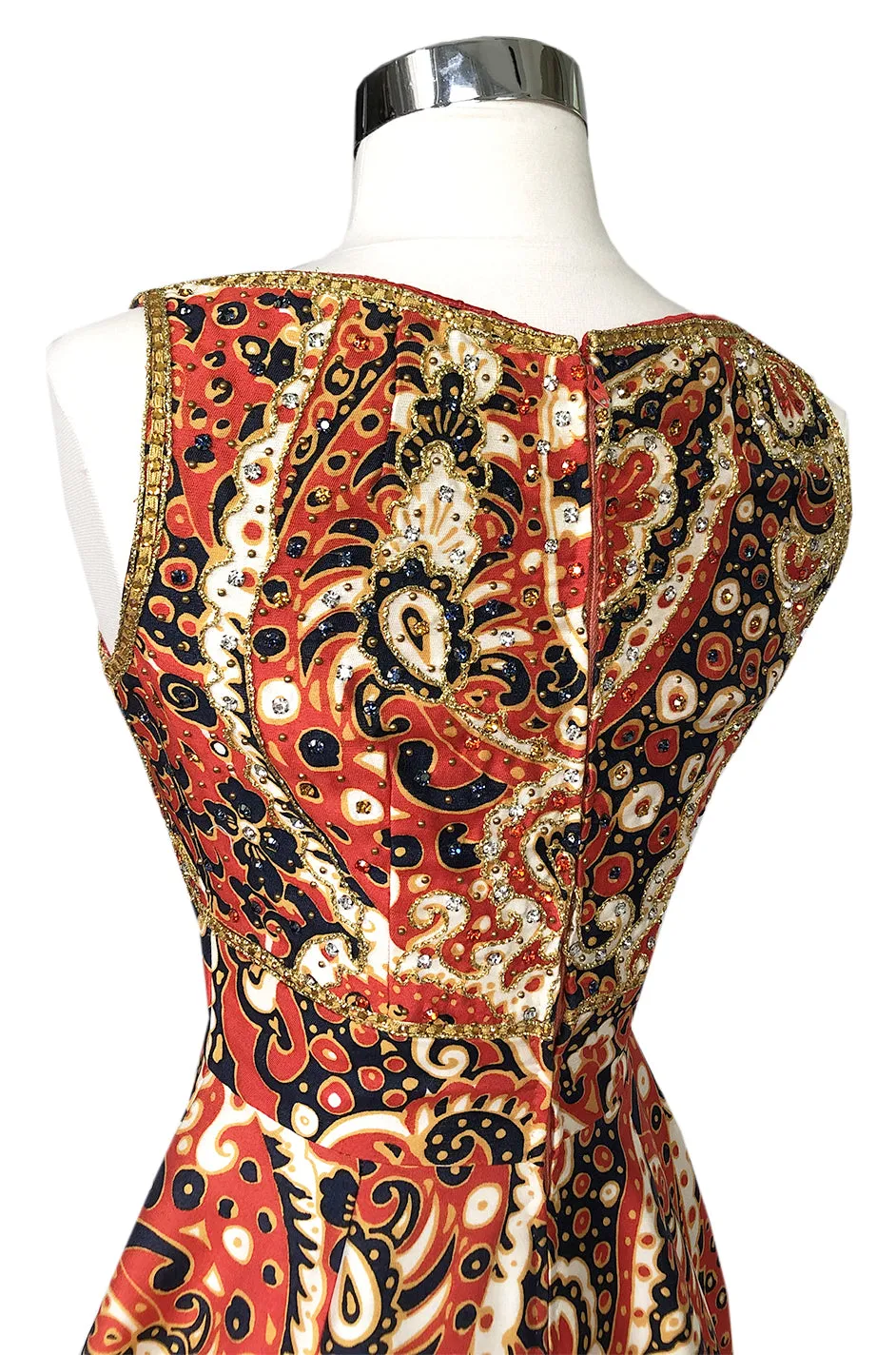 1968 Malcolm Starr Ad Campaign Silk Dress w Front Cut Out, Sequins & Beads