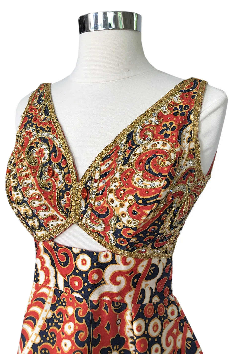 1968 Malcolm Starr Ad Campaign Silk Dress w Front Cut Out, Sequins & Beads