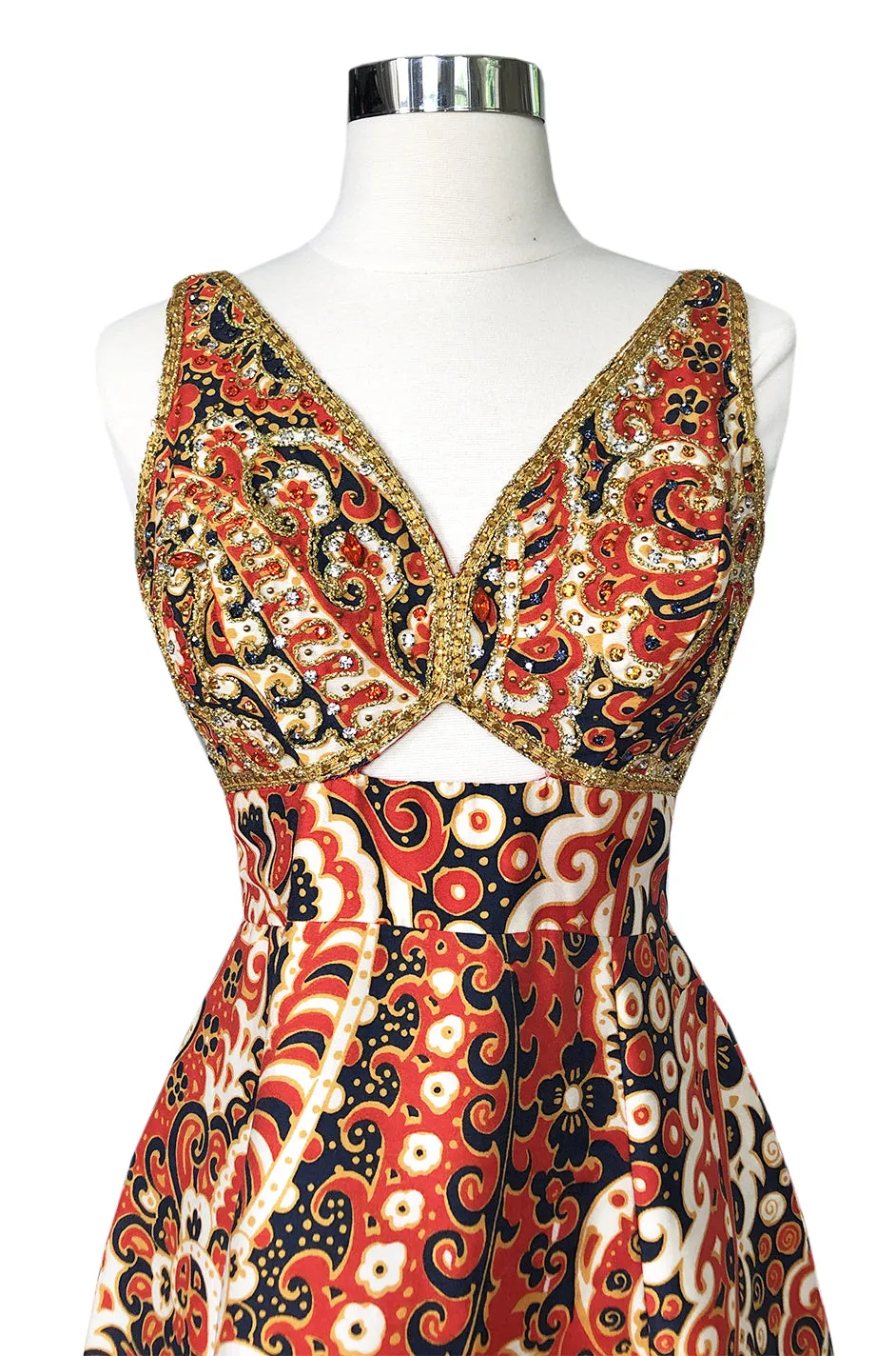1968 Malcolm Starr Ad Campaign Silk Dress w Front Cut Out, Sequins & Beads