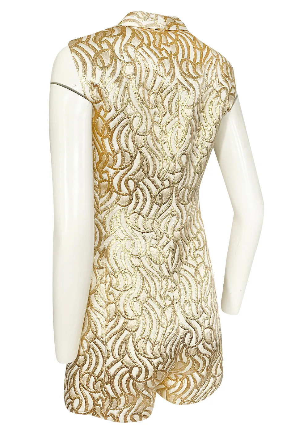 1970s Lanvin Metallic Gold Lame & Ivory One Piece Playsuit Jumpsuit