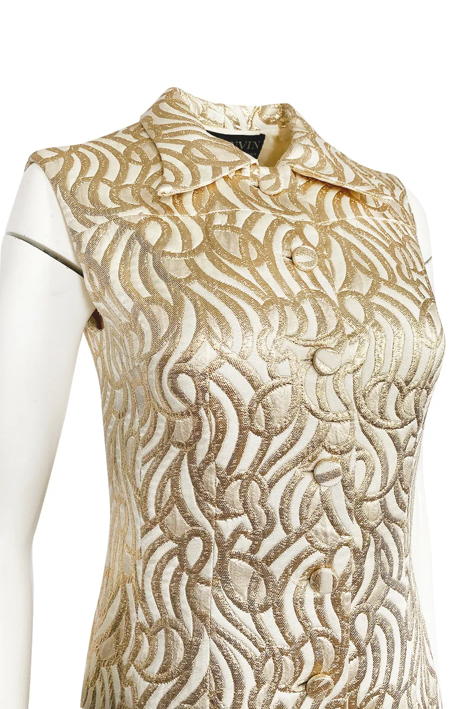 1970s Lanvin Metallic Gold Lame & Ivory One Piece Playsuit Jumpsuit
