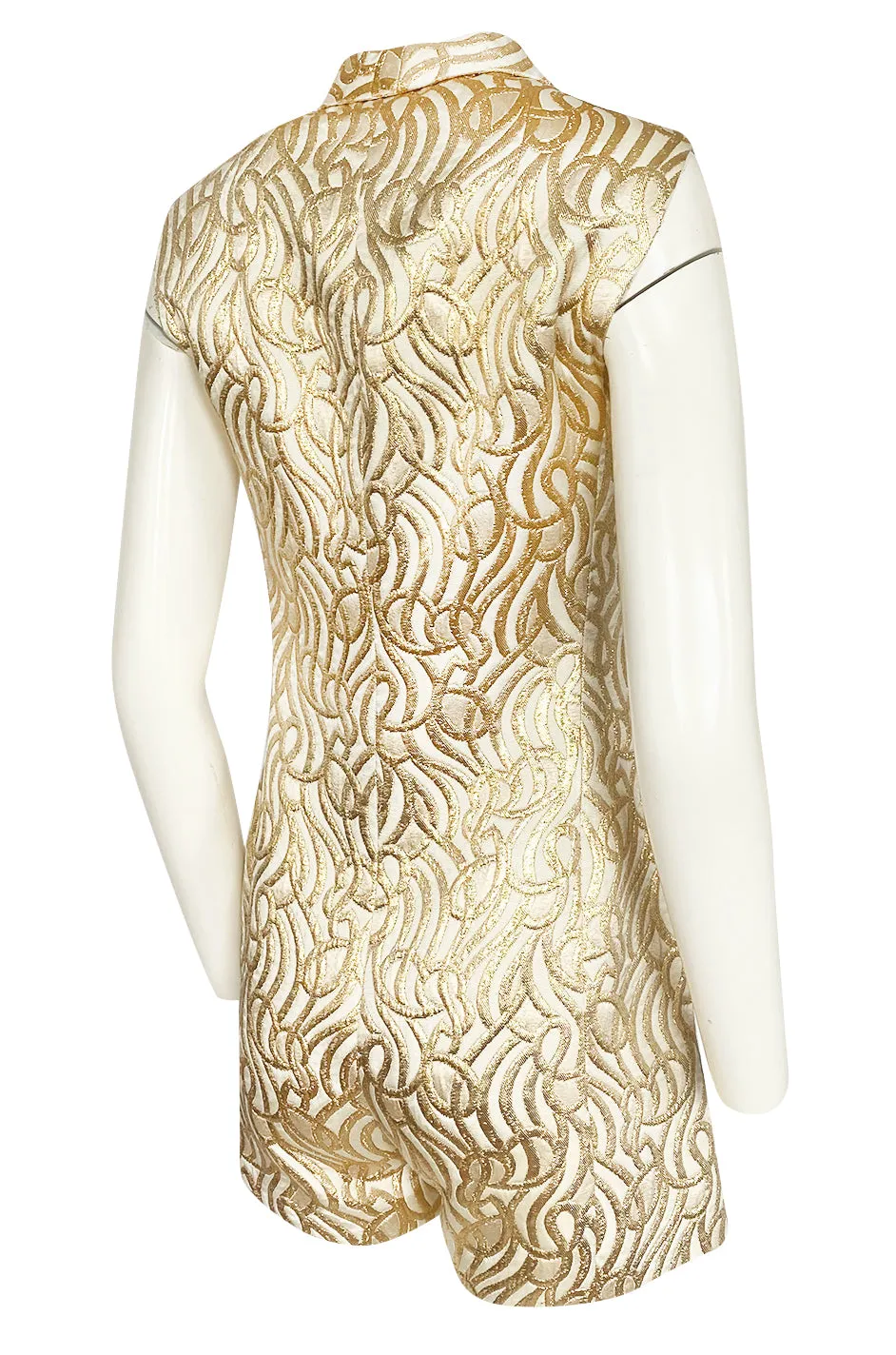 1970s Lanvin Metallic Gold Lame & Ivory One Piece Playsuit Jumpsuit