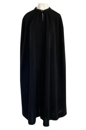 1970s Yves Saint Laurent Fine Black Wool Jersey Minimalist Cape w Button Neck