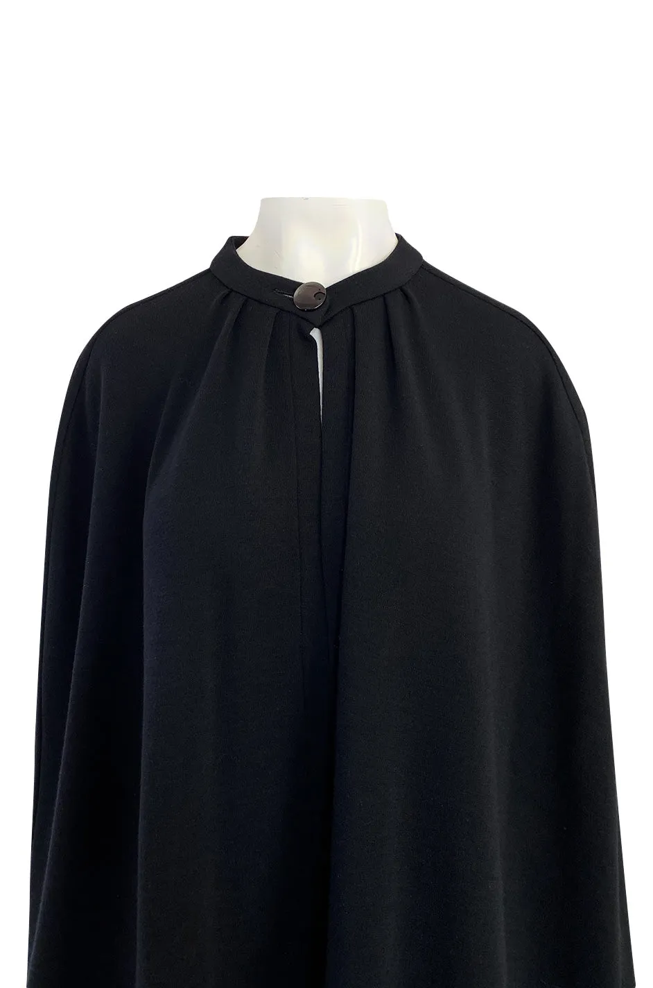 1970s Yves Saint Laurent Fine Black Wool Jersey Minimalist Cape w Button Neck