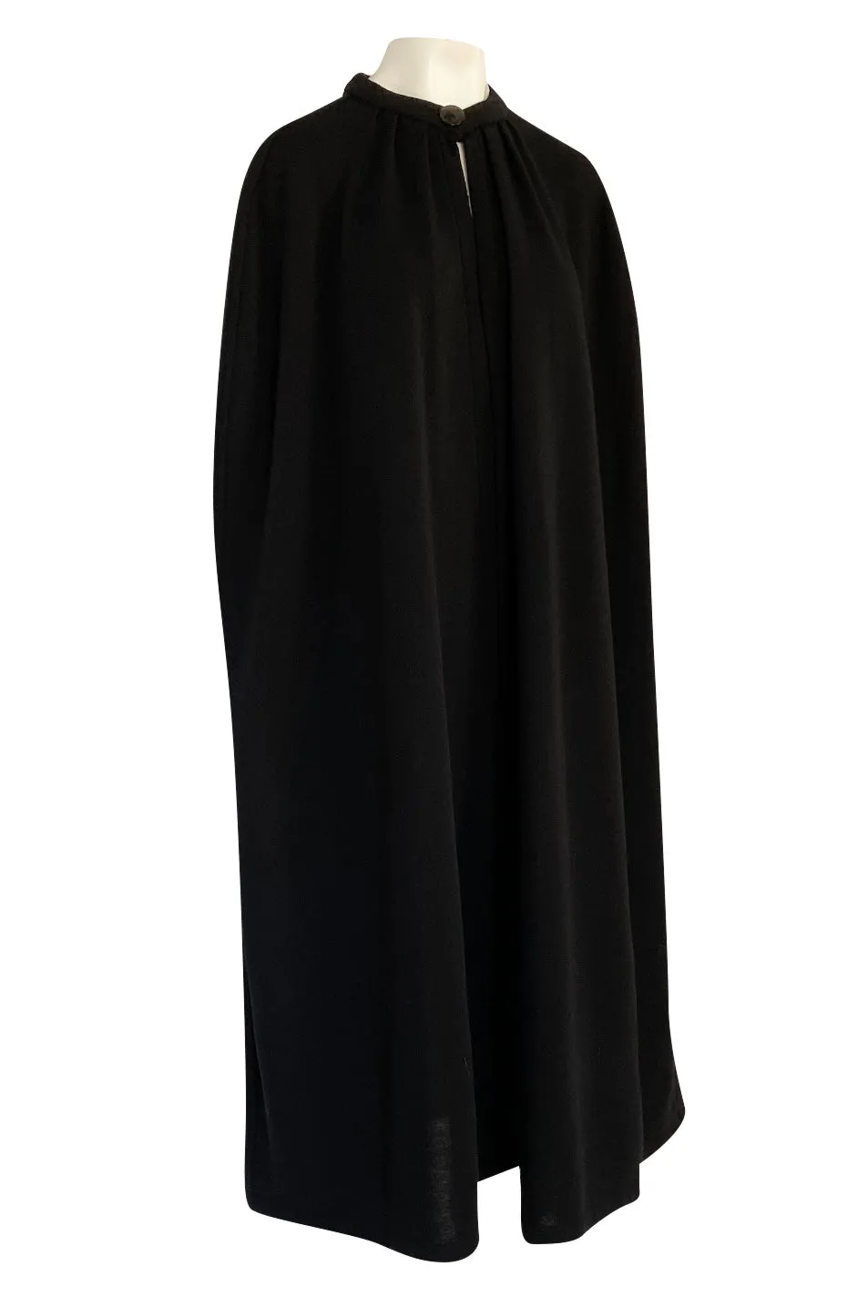 1970s Yves Saint Laurent Fine Black Wool Jersey Minimalist Cape w Button Neck