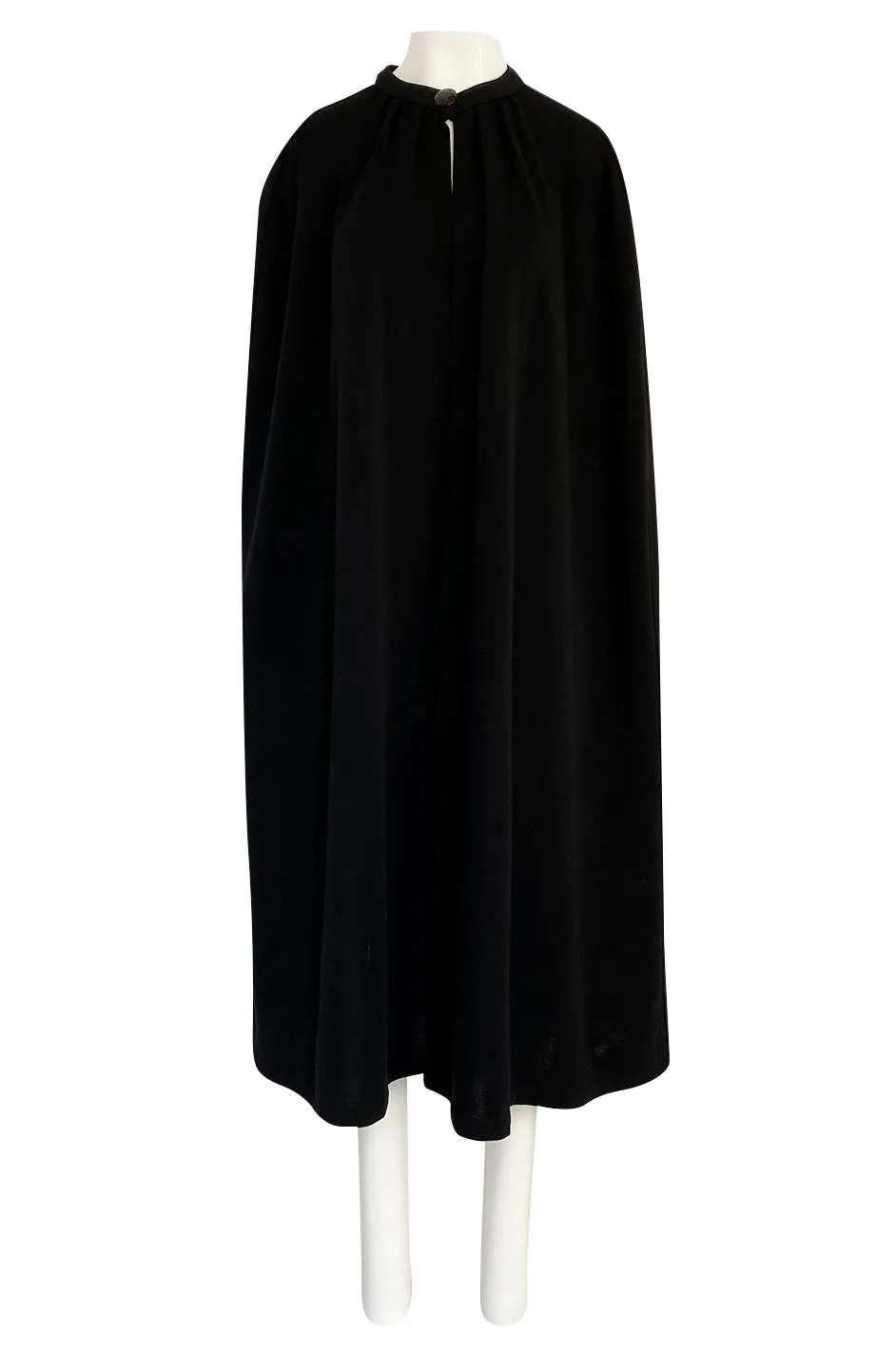 1970s Yves Saint Laurent Fine Black Wool Jersey Minimalist Cape w Button Neck