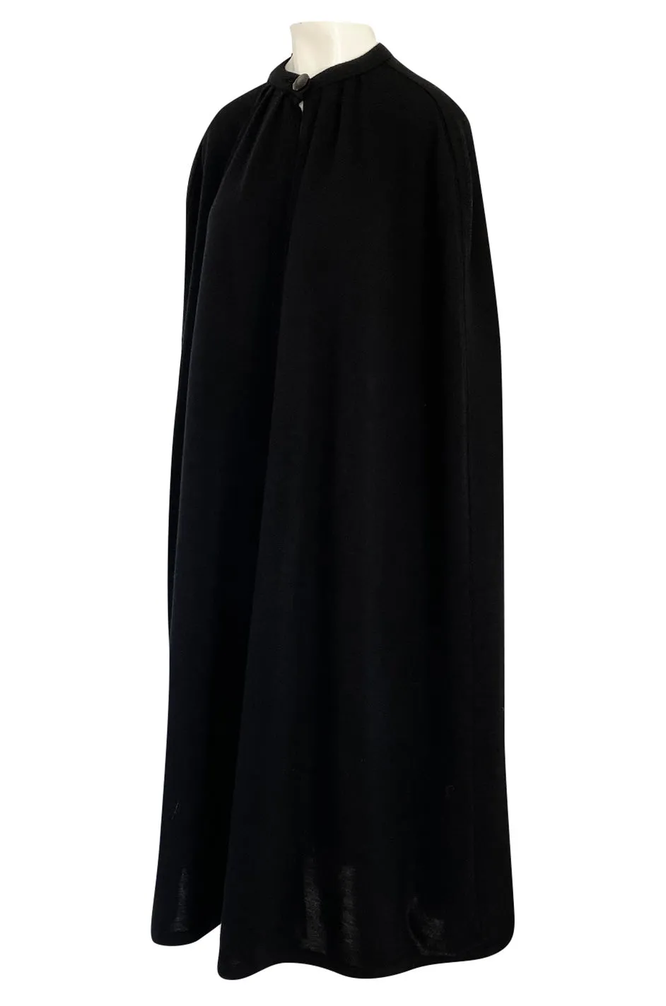 1970s Yves Saint Laurent Fine Black Wool Jersey Minimalist Cape w Button Neck