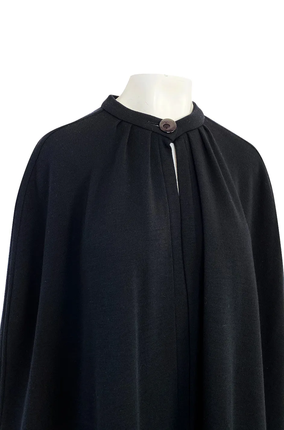 1970s Yves Saint Laurent Fine Black Wool Jersey Minimalist Cape w Button Neck