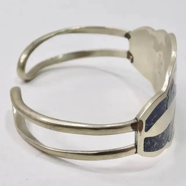 1980s Silver and Turquoise Inlay Sun Motif Cuff Bracelet