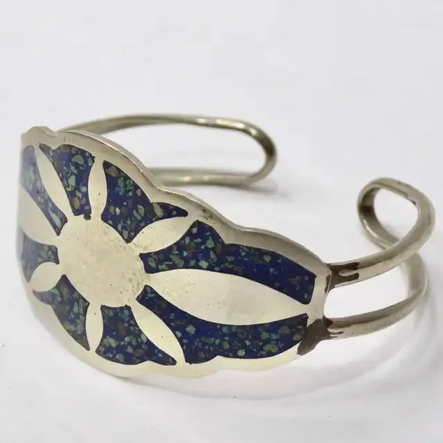1980s Silver and Turquoise Inlay Sun Motif Cuff Bracelet