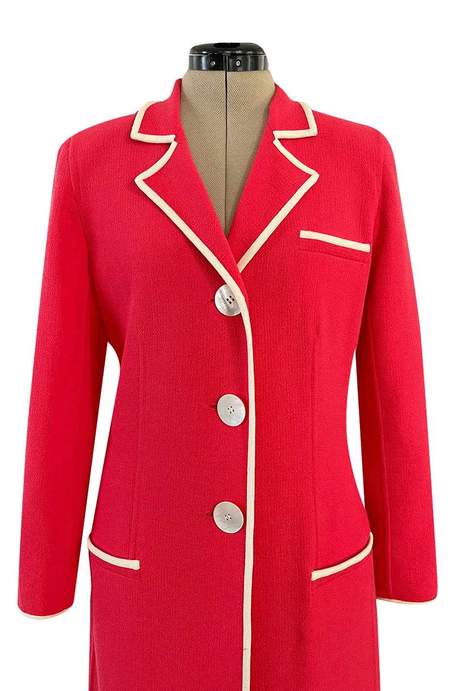 1980s Valentino Textured Wool Long Cut Jacket & Skirt Set in a Vivid Coral w Cream Trim