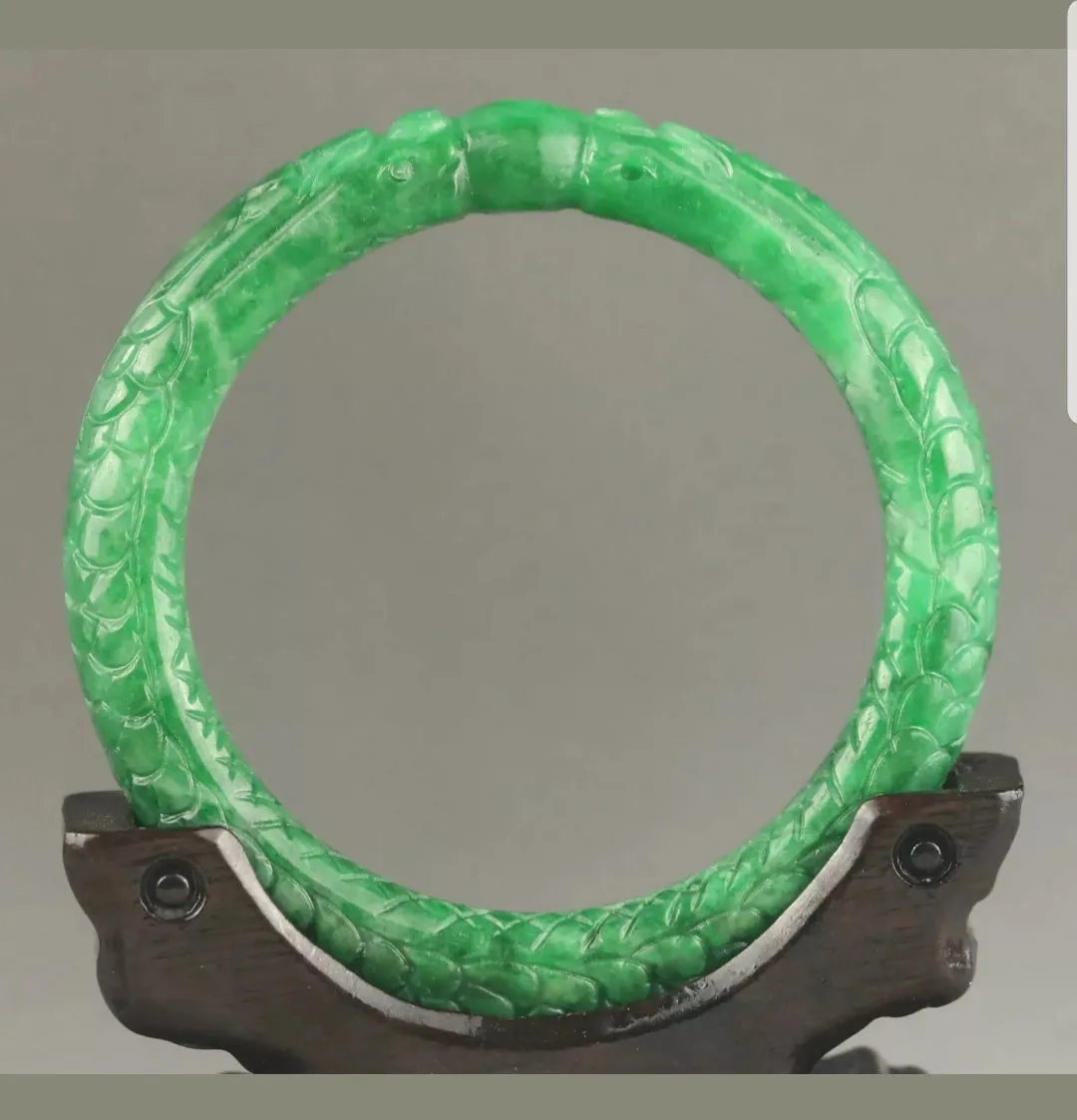 56/57/58mm Certified Natural Green Jadeite Emerald A Jade HandCarved Double Dragons Round Bracelet Bangle A-89