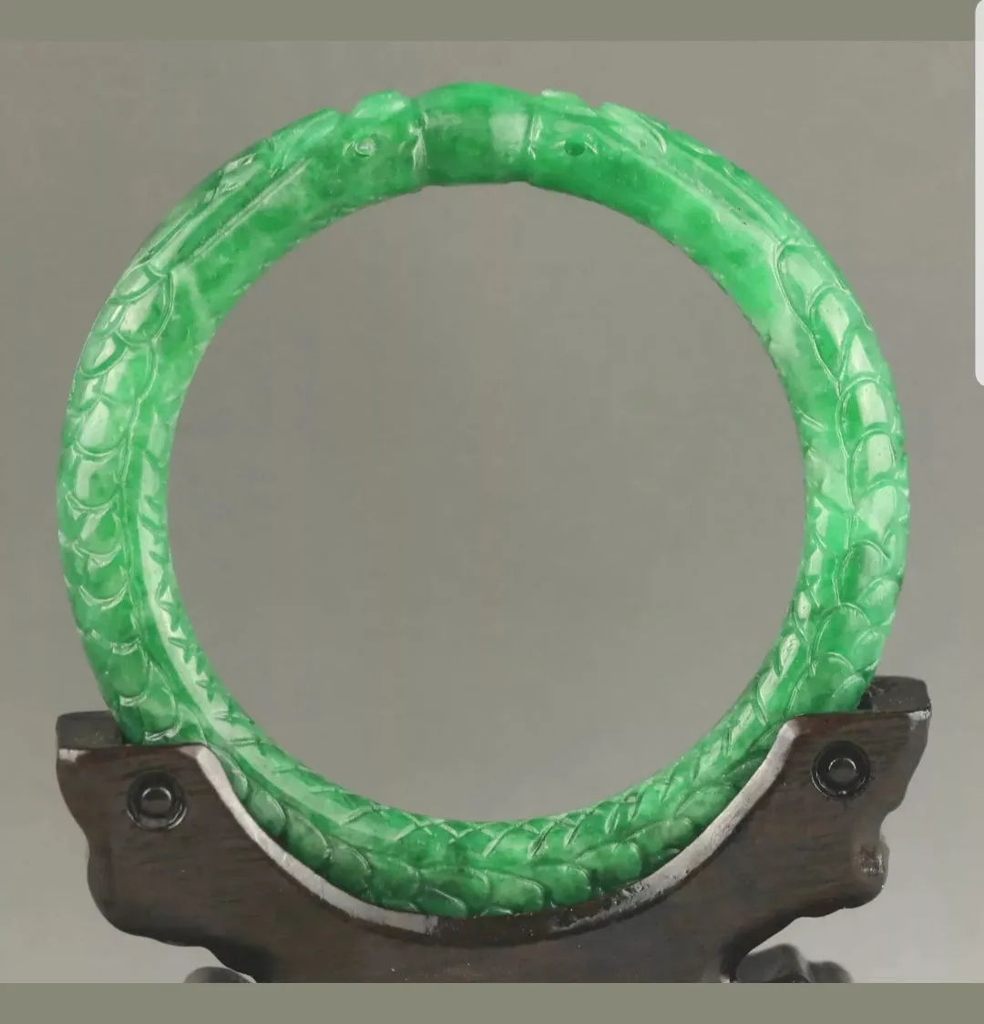 56/57/58mm Certified Natural Green Jadeite Emerald A Jade HandCarved Double Dragons Round Bracelet Bangle A-89