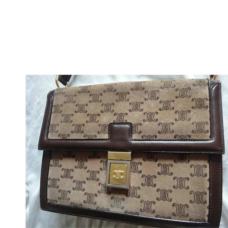 80's vintage CELINE genuine beige and brown suede leather handbag with classic macadam blason print allover. Rare masterpiece