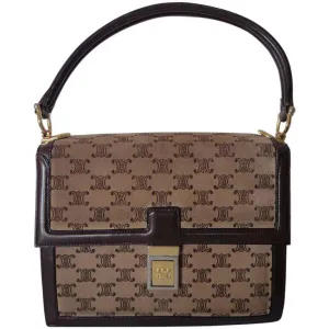 80's vintage CELINE genuine beige and brown suede leather handbag with classic macadam blason print allover. Rare masterpiece