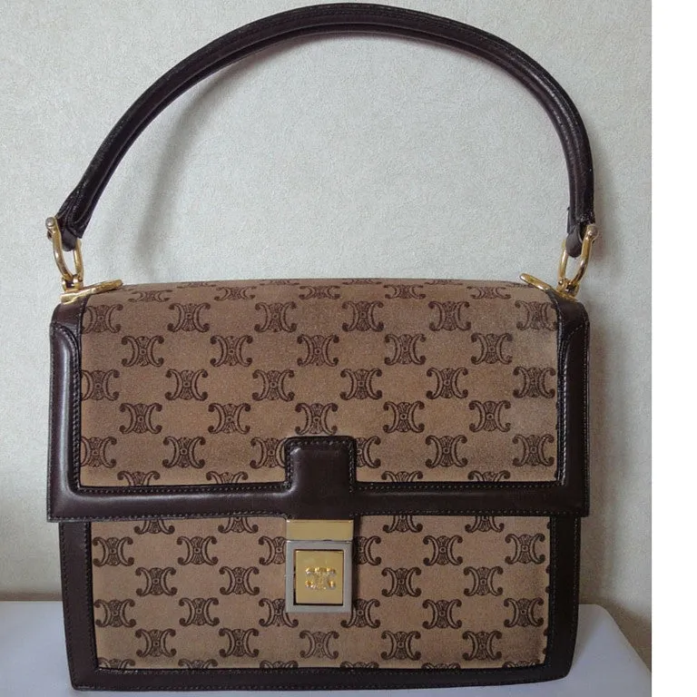 80's vintage CELINE genuine beige and brown suede leather handbag with classic macadam blason print allover. Rare masterpiece