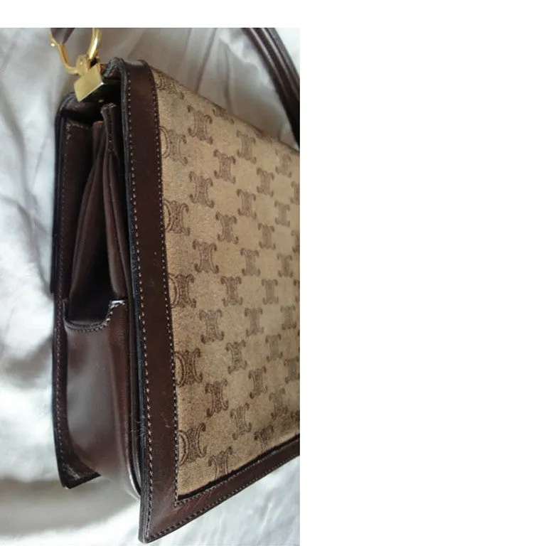 80's vintage CELINE genuine beige and brown suede leather handbag with classic macadam blason print allover. Rare masterpiece