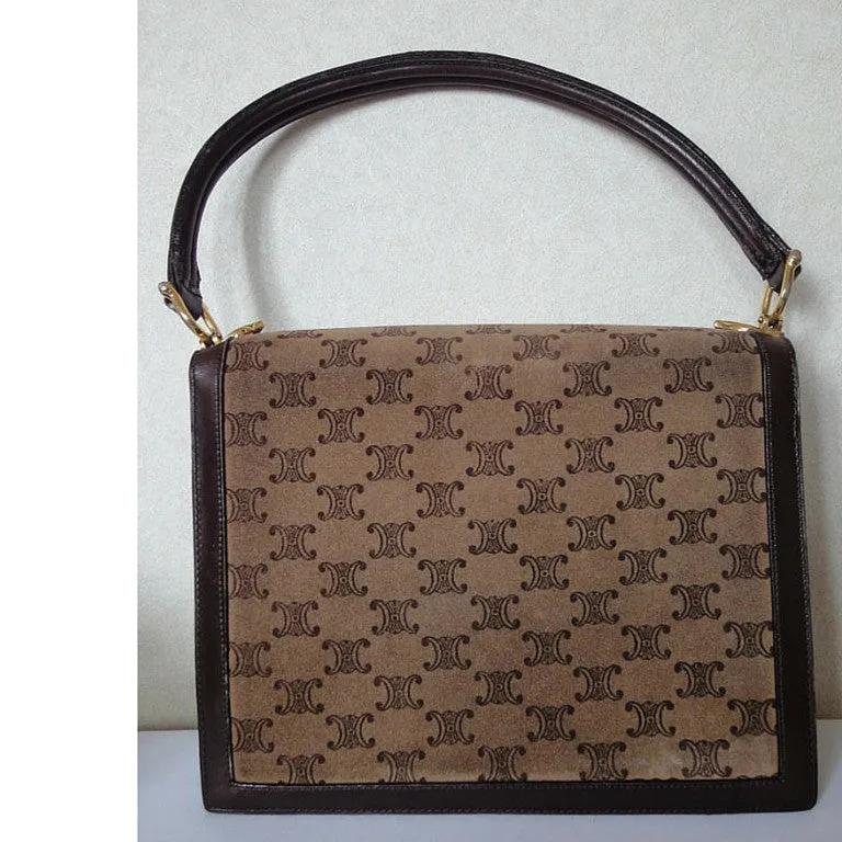 80's vintage CELINE genuine beige and brown suede leather handbag with classic macadam blason print allover. Rare masterpiece