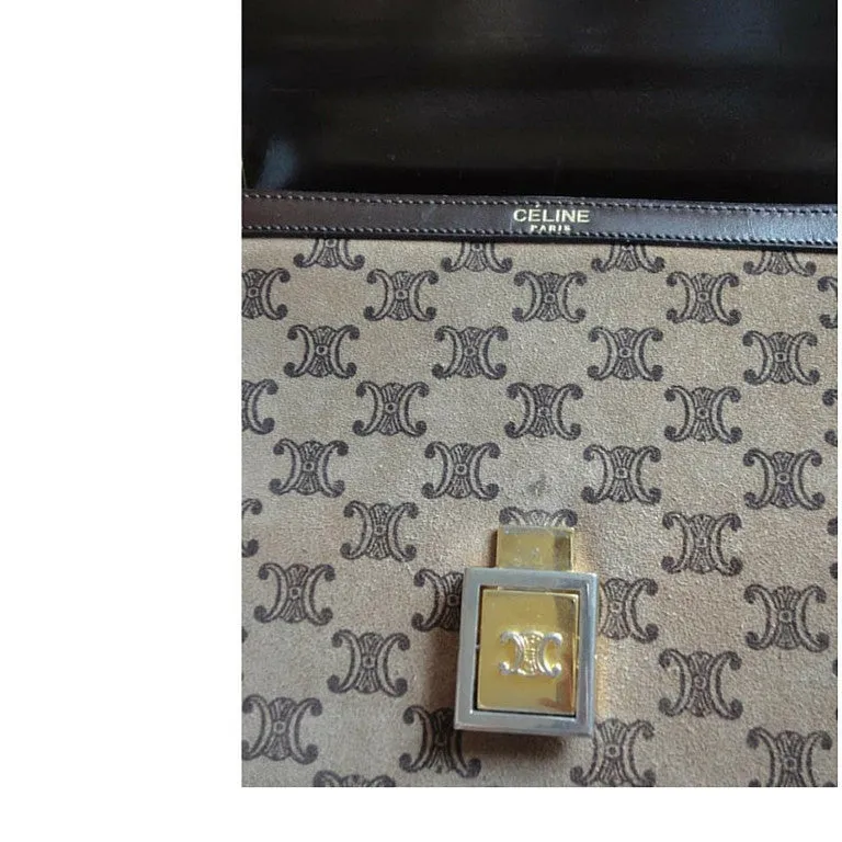 80's vintage CELINE genuine beige and brown suede leather handbag with classic macadam blason print allover. Rare masterpiece