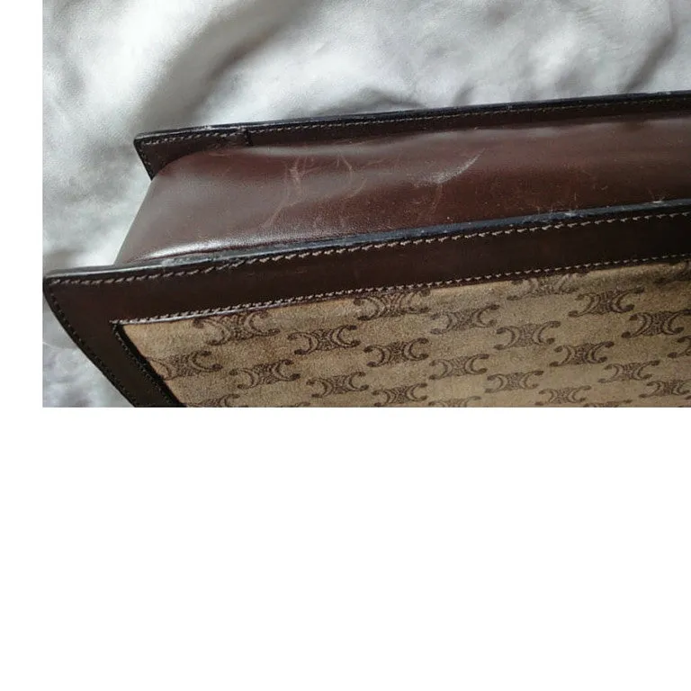 80's vintage CELINE genuine beige and brown suede leather handbag with classic macadam blason print allover. Rare masterpiece
