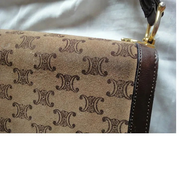 80's vintage CELINE genuine beige and brown suede leather handbag with classic macadam blason print allover. Rare masterpiece