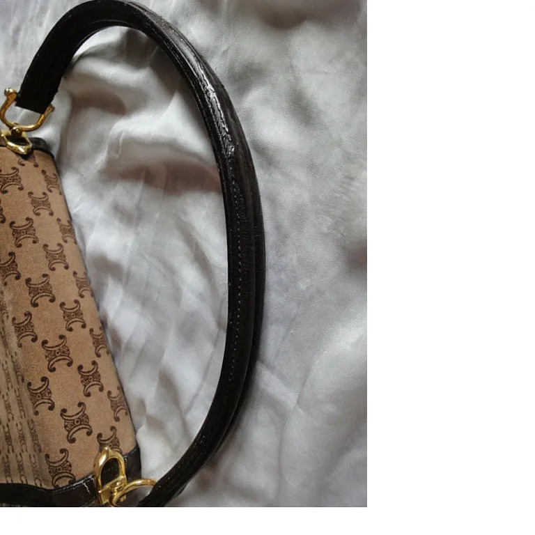 80's vintage CELINE genuine beige and brown suede leather handbag with classic macadam blason print allover. Rare masterpiece