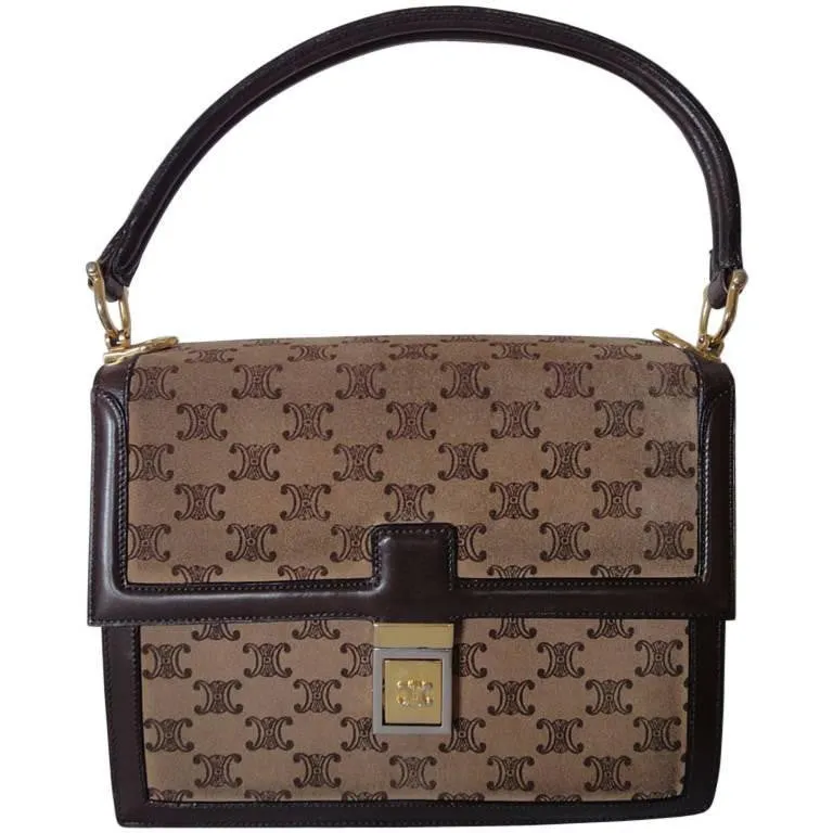 80's vintage CELINE genuine beige and brown suede leather handbag with classic macadam blason print allover. Rare masterpiece