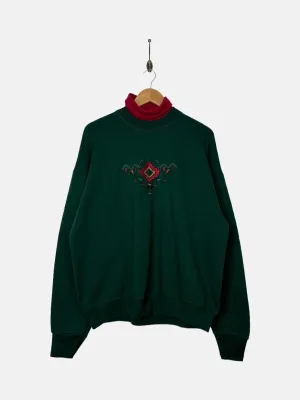 90's Green Embroidered Vintage Mock-Neck Sweatshirt Size M-L