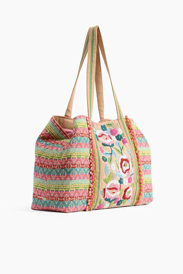 A & B Geo Floral Beaded Tote Large Top Handle Handbag Pink Blue Tote Bag Hobo New