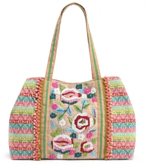 A & B Geo Floral Beaded Tote Large Top Handle Handbag Pink Blue Tote Bag Hobo New