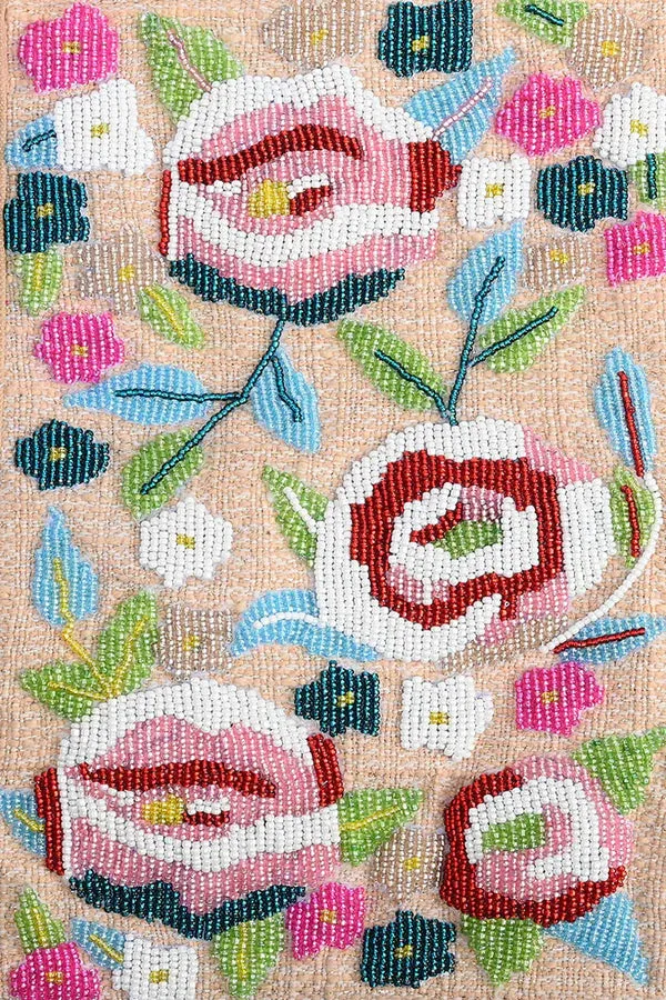 A & B Geo Floral Beaded Tote Large Top Handle Handbag Pink Blue Tote Bag Hobo New