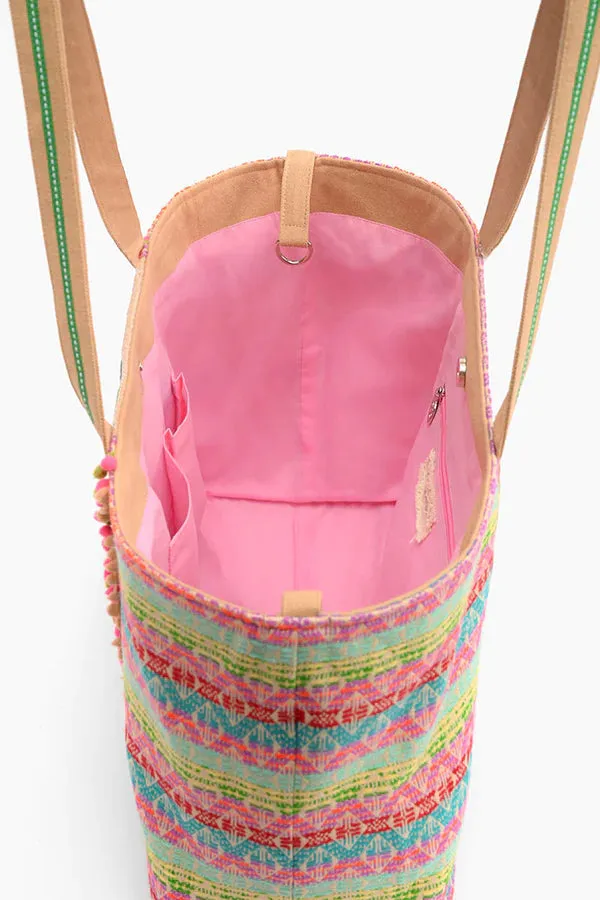 A & B Geo Floral Beaded Tote Large Top Handle Handbag Pink Blue Tote Bag Hobo New