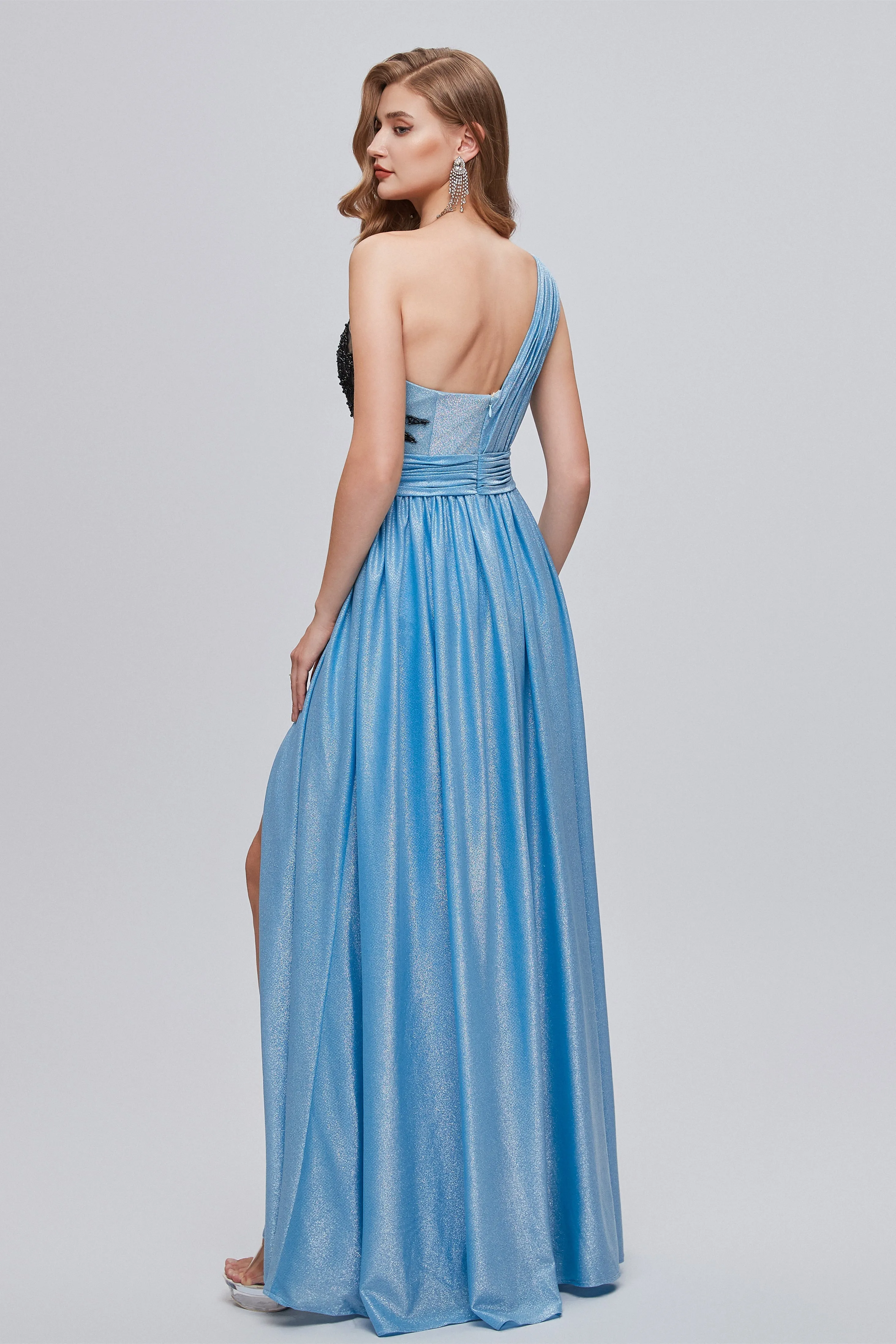 A-line Floor Length One shoulder Applique Sleeveless High Split Open Back Prom Dress