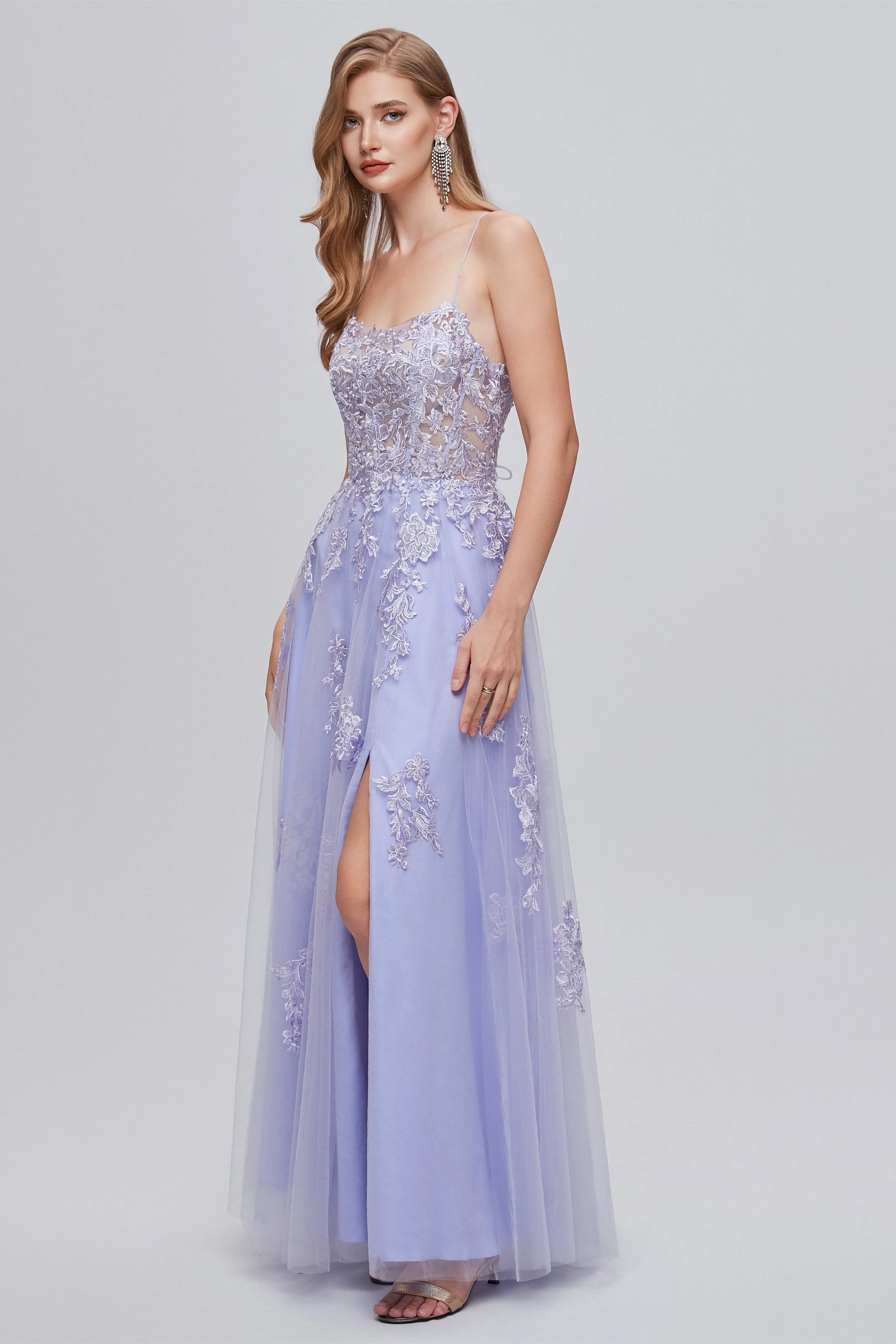 A-line High Split Spaghetti strap Applique Ankle Length Sleeveless Lace Prom Dresses