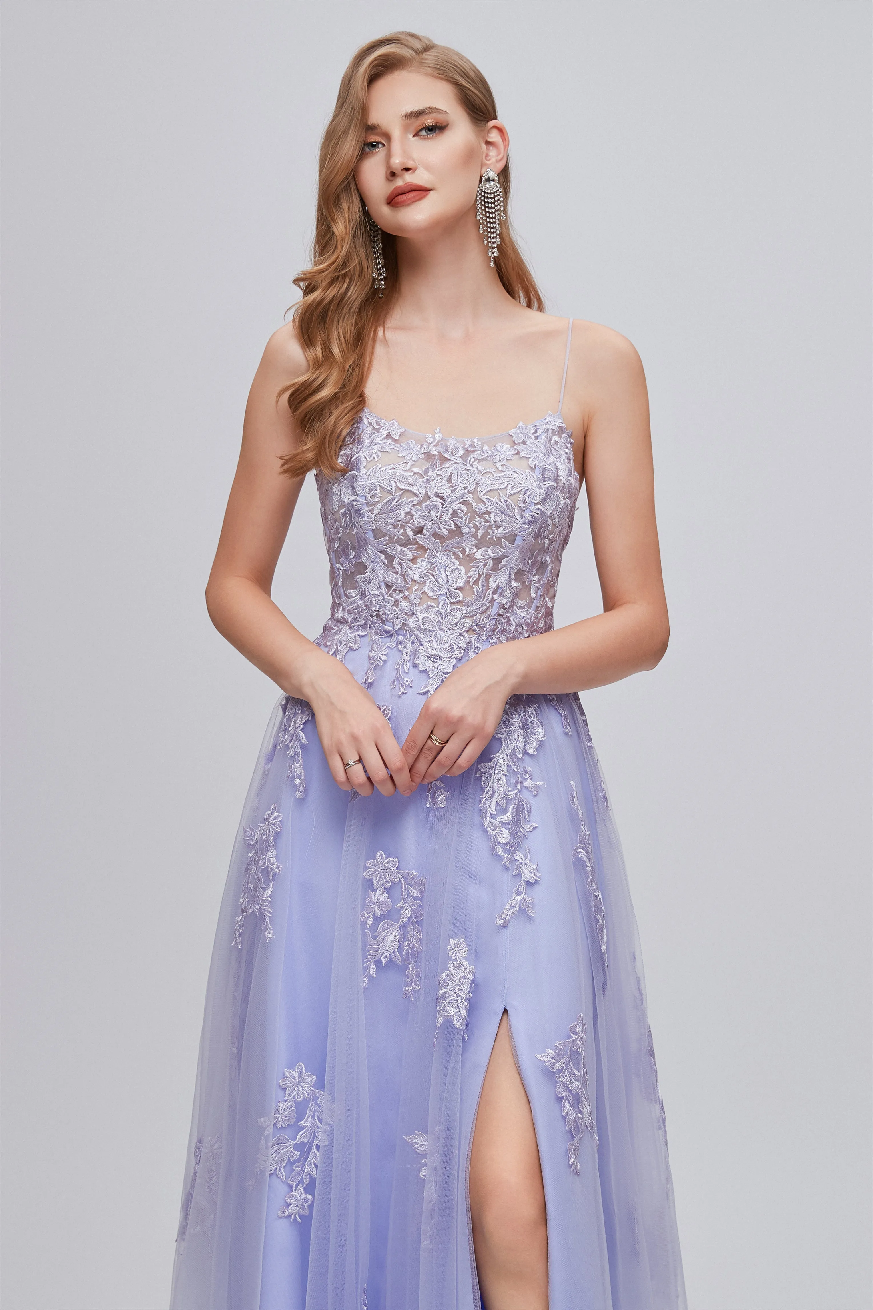 A-line High Split Spaghetti strap Applique Ankle Length Sleeveless Lace Prom Dresses